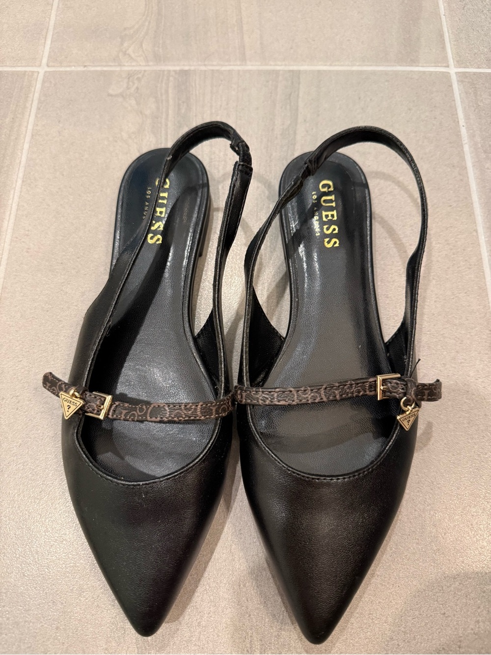 Guess Black Pointed Slingback Flats with Brown Logo Strap and Gold Accents